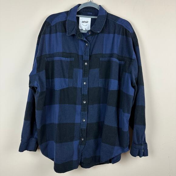 Aerie Oversized Plaid Flannel Shirt Womens XL Blue Black Button Up Cozy Granola - Picture 1 of 10